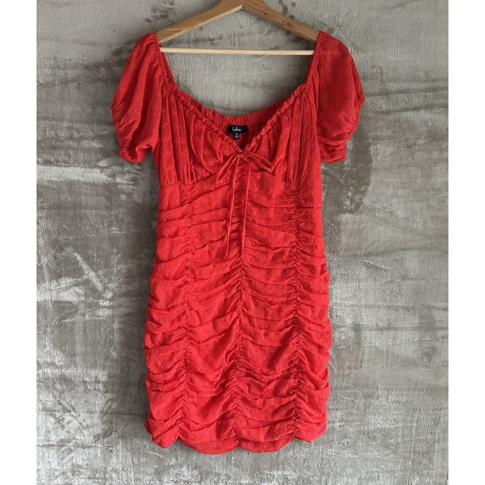 Lulus Women's Red Solid Eyelet Ruched Mini Dress size XL